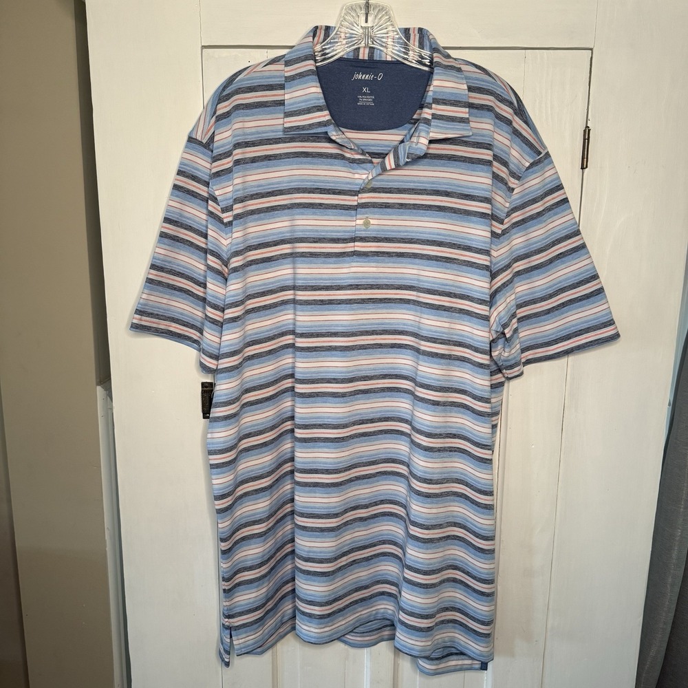 Johnnie O Polo Shirt Men's XL Blue Gray Striped Performance Golf Top